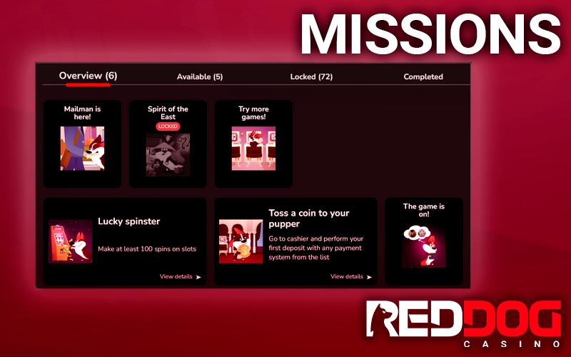 The missions tab on the Red Dog website