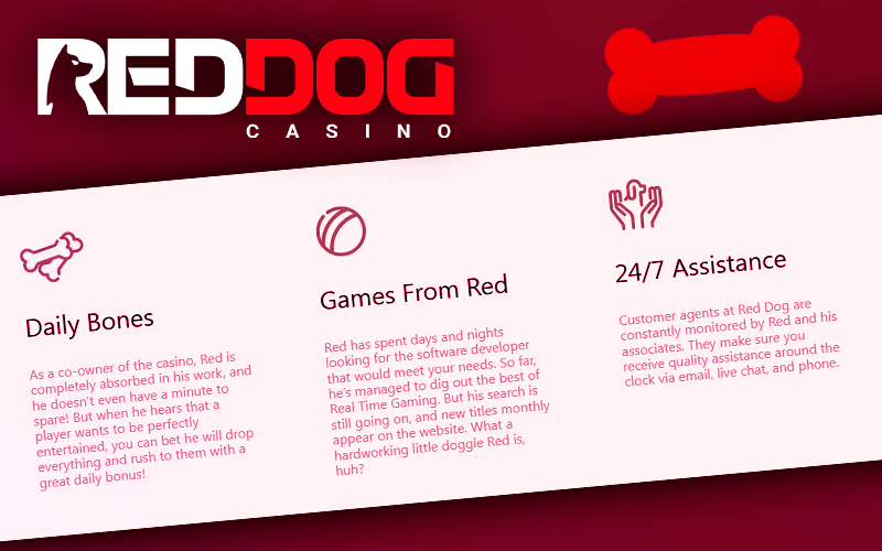 The RedDog logo and the three main advantages of the site