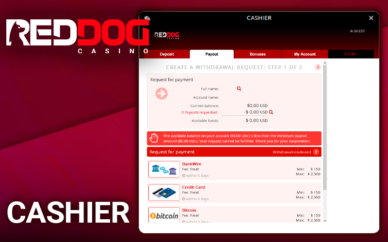 Cashier page at Red Dog Casino