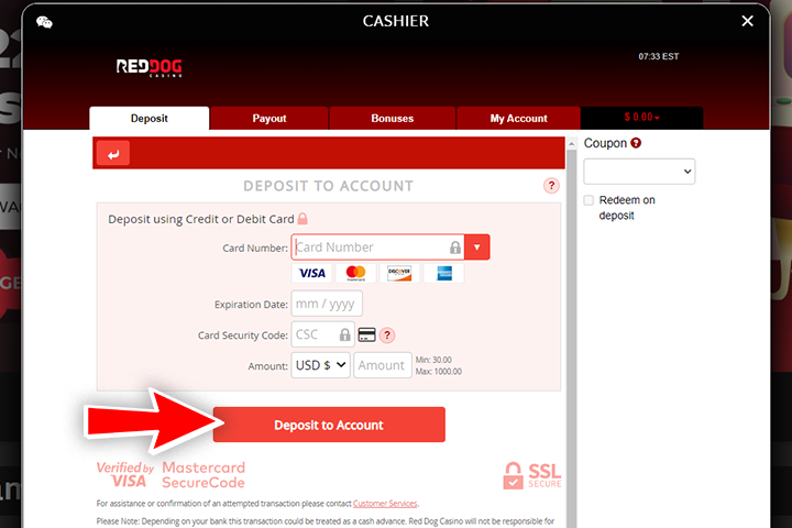 account replenishment at Red Dog, red arrow on button 'Depost'
