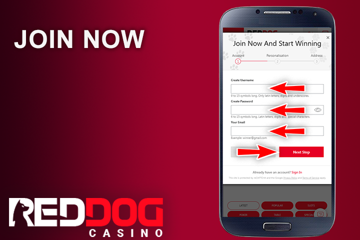 mobile phone, registration form at Red Dog Casino