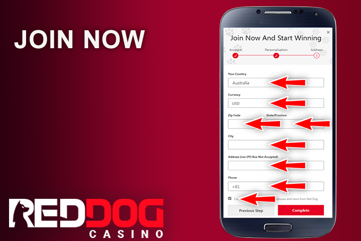mobile phone, last register form at Red Dog Casino