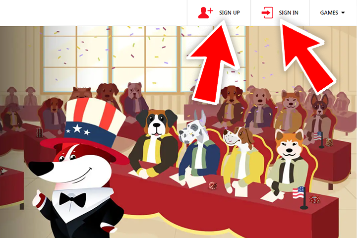 drawn dogs in costumes, red arrows on the buttons login and sign-in at Red Dog