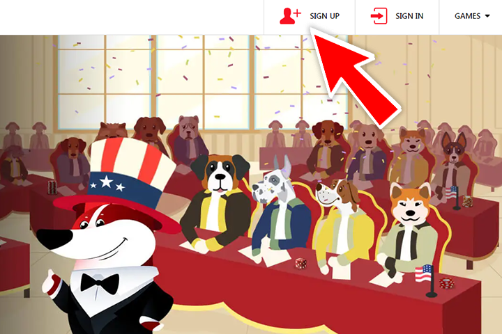drawn dogs in costumes, red arrow on the button 'sign up' at Red Dog