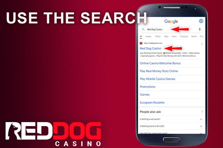 Red Dog Casino in search bar on mobile phone