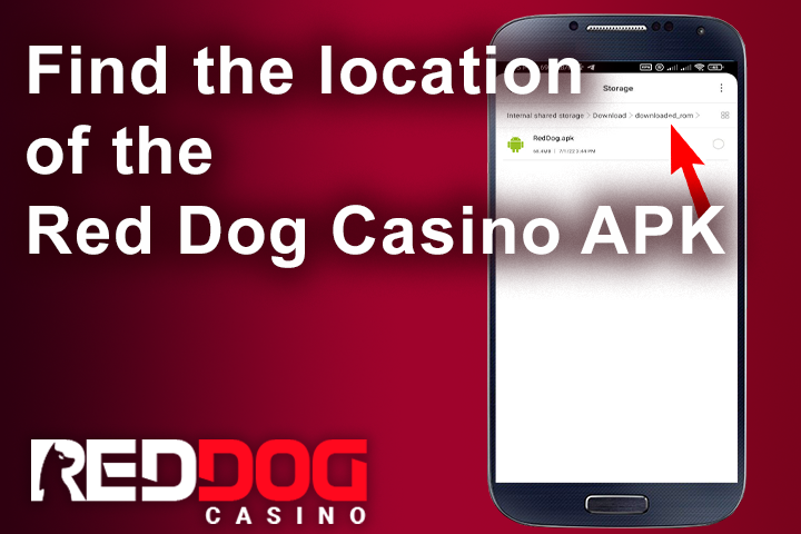 Red Dog Casino install app from the about us page on mobile cell phone, red arrow on download source