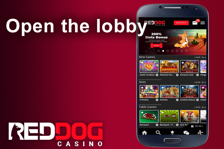 Red Dog Casino lobby usage app from the about us page on mobile cell phone, desert kites, cacti