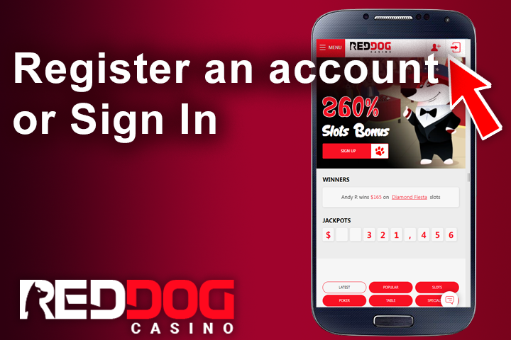 Red Dog Casino usage app from the about us page on mobile cell phone, red arrow on sign-in button