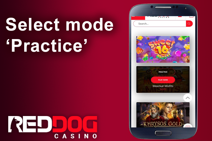 Red Dog Casino lobby usage app from the about us page on mobile cell phone, practice button
