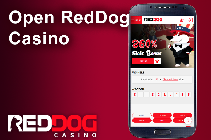 Red Dog Casino official website on cell phone, dog in a hat