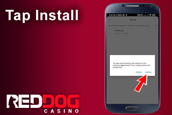 Red Dog Casino install app from the about us page on mobile cell phone, red arrow on install button
