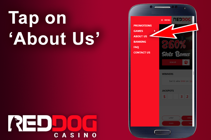 Red Dog Casino official website on cell phone, red arrow on the link about us