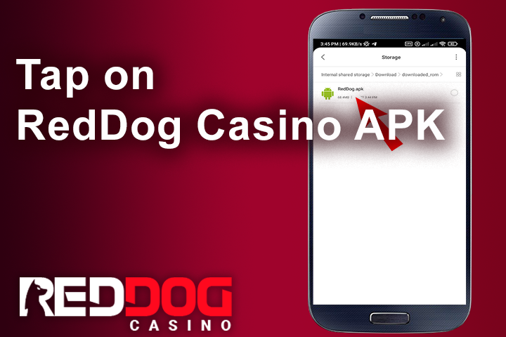 Red Dog Casino install app from the about us page on mobile cell phone, red arrow on reddog.apk file